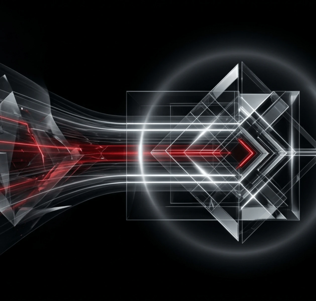 Imagem digital abstrata e dinâmica de tecnologia em fundo preto. Formas de vidro cristalino onduladas com luz vermelha neon fluem da esquerda para dentro de uma estrutura cúbica geométrica cristalina à direita, delineated por luz branca brilhante e setas brancas flutuantes.