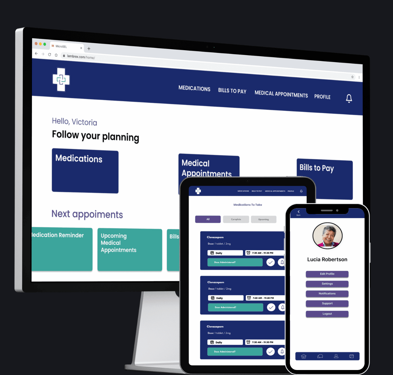 Mockuo responsivo de APP LEMBREX, monitor, tablet e celular.