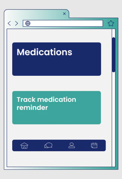 Captura de ecrã em estilo neo-brutalista de uma interface de usuário dentro de uma moldura de janela de navegador turquesa. No fundo cinza claro, há dois grandes botões retangulares: o superior, azul marinho profundo com texto branco "Medications"; e o inferior, turquesa com texto branco "Track medication reminder". Na base, uma barra de navegação azul marinho com quatro ícones brancos simples: Home, Chat, Perfil e Calendário. O layout prioriza áreas de toque amplas e contraste AAA.