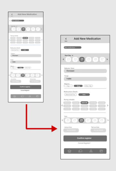 Wireframes de baixa fidelidade em tons de cinza para o aplicativo Lembrex. A imagem mostra duas telas de 'Adicionar Nova Medicação', uma menor à esquerda e uma maior à direita, conectadas por uma seta vermelha que indica o fluxo de interação. Ambas as telas exibem elementos de input para data de início, nome, dosagem, frequência, estoque e botões de ação 'Confirmar registro'.