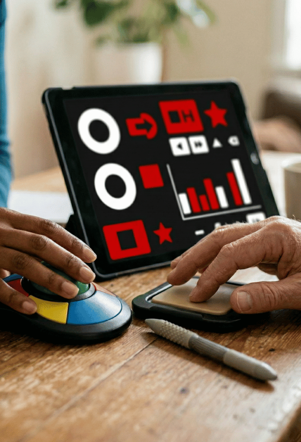 Close-up focado em UX Design inclusivo, mostrando mãos utilizando trackball colorido e touchpad acessível para navegar em interface projetada com padrões de acessibilidade WCAG em um tablet.