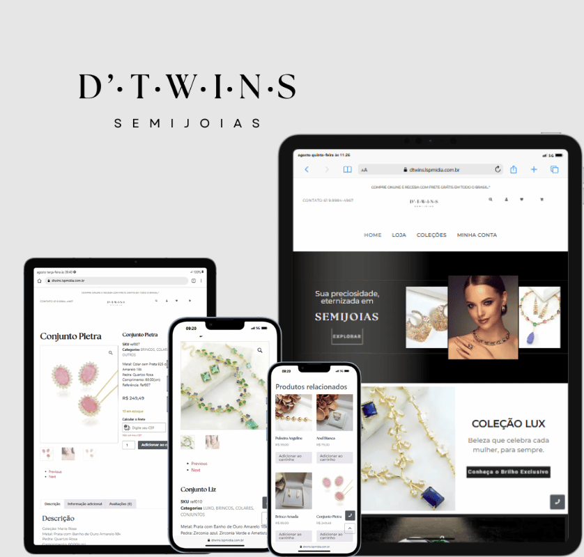 Responsive e-commerce website design for DT'WINS Semijoias, shown across monitor, tablet, and mobile screens. Logo, products, and checkout workflow in mockup by Lorena Palmeira.