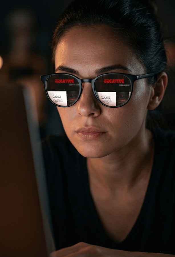 Retrato close-up de um parcceiro / recrutador focada na tela do notebook (Dark Mode), com reflexo nas lentes dos óculos exibindo a palavra "CREATIVE" em tipografia vermelha estilizada, destacando UI Design e Identidade Visual.