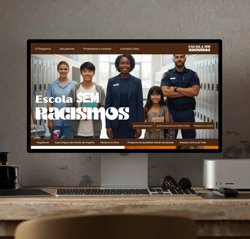 Lorena Palmeira design mockup showing desktop monitor with large, bold text 'Escola SEM Racismos' and image of diverse individuals. ESCOLA SEM RACISMOS logo. strategic communication plan asset.