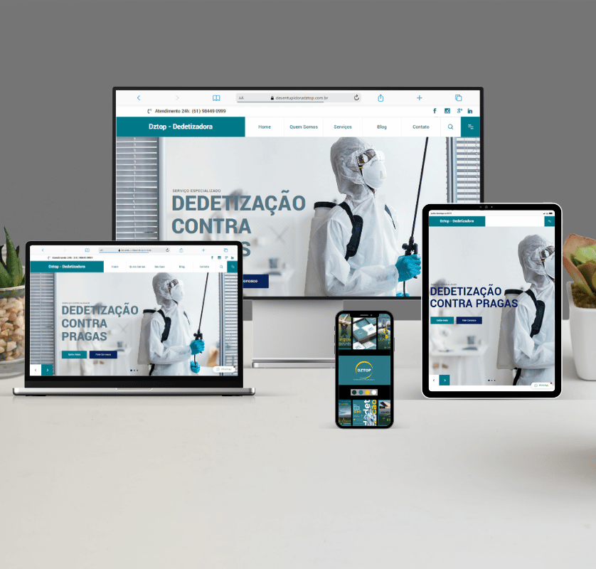 Responsive website design mockup for https://www.google.com/search?q=dedetizadoradztop.com.br shown on monitor, tablet, and phone. text: dedetização contra pragas, de Lorena Palmeira. Marketing Director strategy asset.