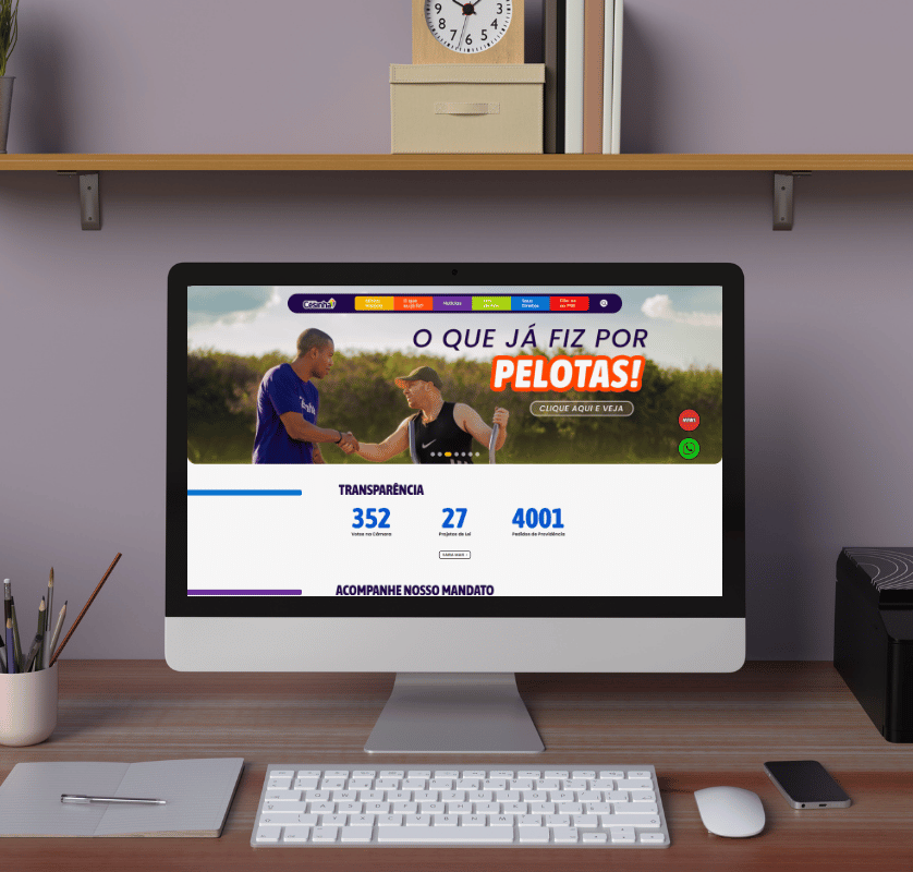 Desktop website design mockup for cesinha.com.br, showing man in Cesinha branded shirt. Large text 'O QUE JÁ FIZ POR PELOTAS!'. Web design by Lorena Palmeira.