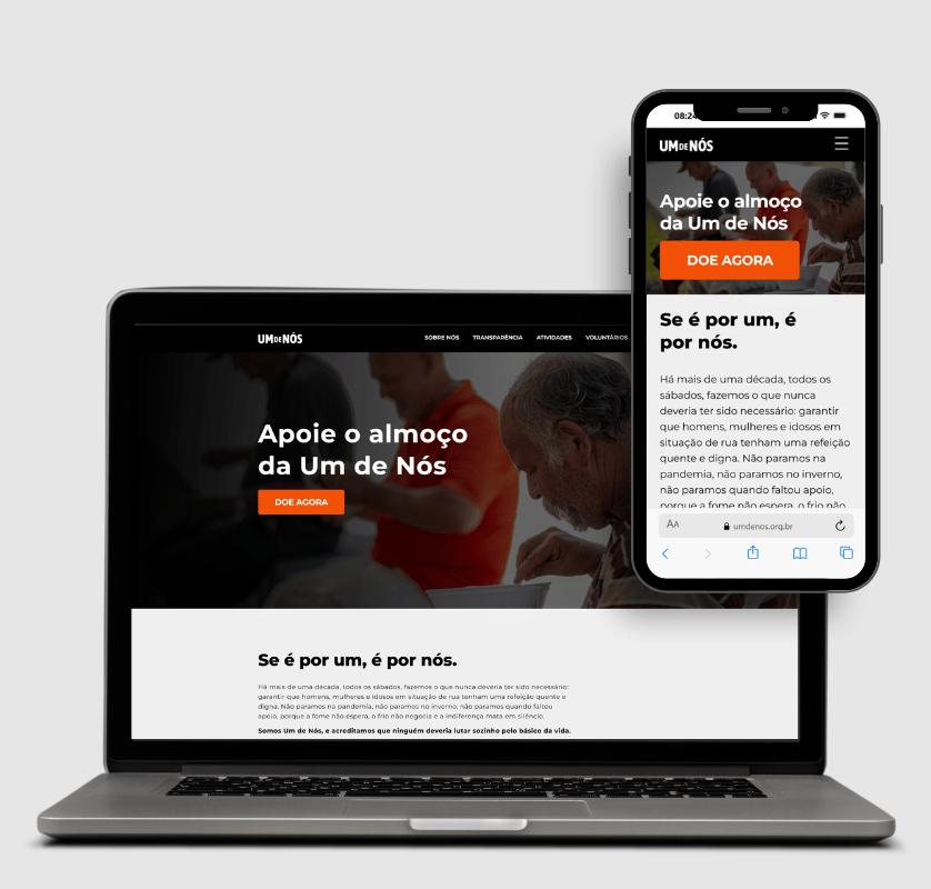 Laptop and smartphone mockup showing responsive website for umdenos.org.br. Red 'DOE AGORA' button, diverse people photos. UX/UI design by Lorena Palmeira.
