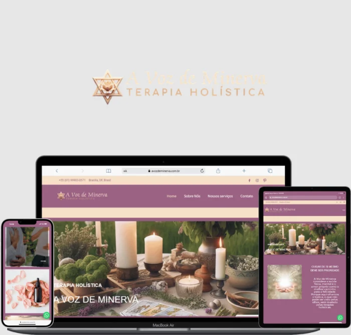 Lorena Palmeira design mockup showing multi-device responsive website for https://www.google.com/search?q=avozdeminerva.com.br. Gold background logo 'A Voz de Minerva TERAPIA HOLÍSTICA'. Images of candles, tarot cards.