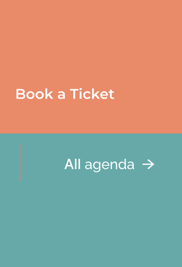 Amostra visual de interface dividida em dois grandes blocos retangulares. O bloco superior é salmão com o texto "Book a Ticket" em branco. O bloco inferior é verde-azulado (teal) com o texto "All agenda" e uma seta direcional em branco. Design limpo, focado no contraste das cores.
