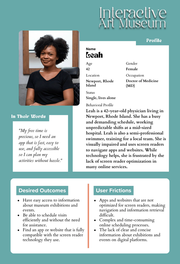 Ilustração de um card de persona em estilo neo-brutalista, com fundo azul teal e linhas retas em coral, sem arredondamentos. O layout estrutura o perfil da persona fictícia "Leah", dividindo as informações visuais em blocos para objetivos, dores e necessidades, com elementos estratégicos destacados.