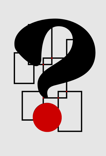 Ilustração vetorial em estilo neo-brutalista de um ponto de interrogação geométrico, feito com linhas retas duras em grafite sobre fundo cinza claro, com o ponto final destacado em vermelho sólido.