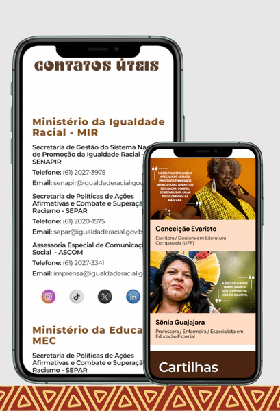 Interface mobile com lista de contatos do MIR e MEC e seção de cartilhas com fotos de Conceição Evaristo e Sônia Guajajara.