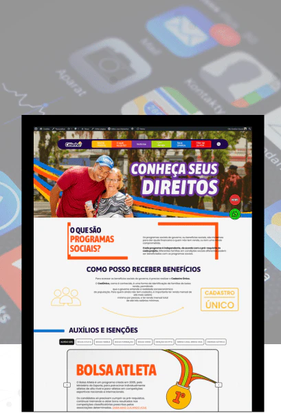 Interface do site destacando a seção "Conheça Seus Direitos" e "Bolsa Atleta" com alta legibilidade e foco em acessibilidade.