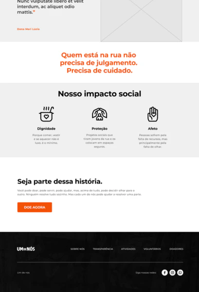 Layout do Figma mostrando a seção de impacto social com ícones minimalistas (Dignidade, Proteção, Afeto) e rodapé.