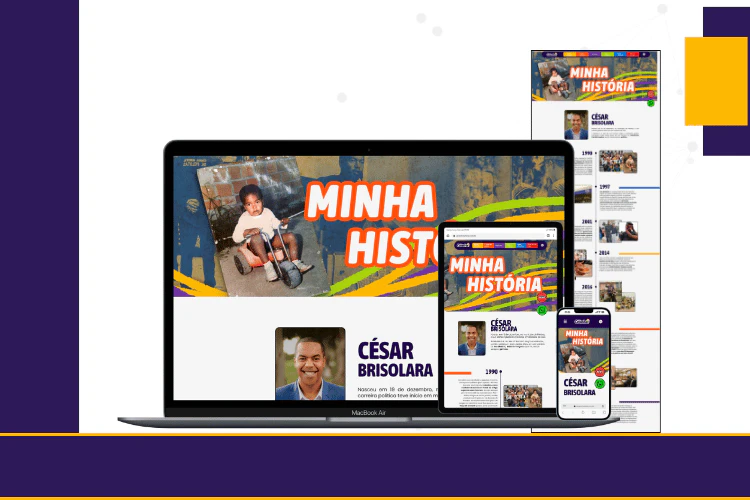 Mockup de múltiplos dispositivos exibindo a página "Minha História" com linha do tempo e fotos históricas.