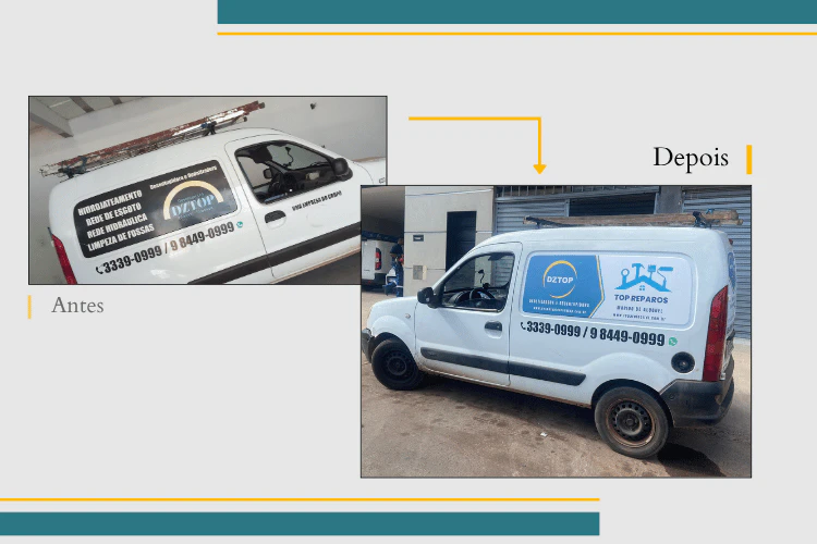 Antes e depois da adesivagem de frota da DZTOP, saindo de um design amador para uma unidade visual institucional.