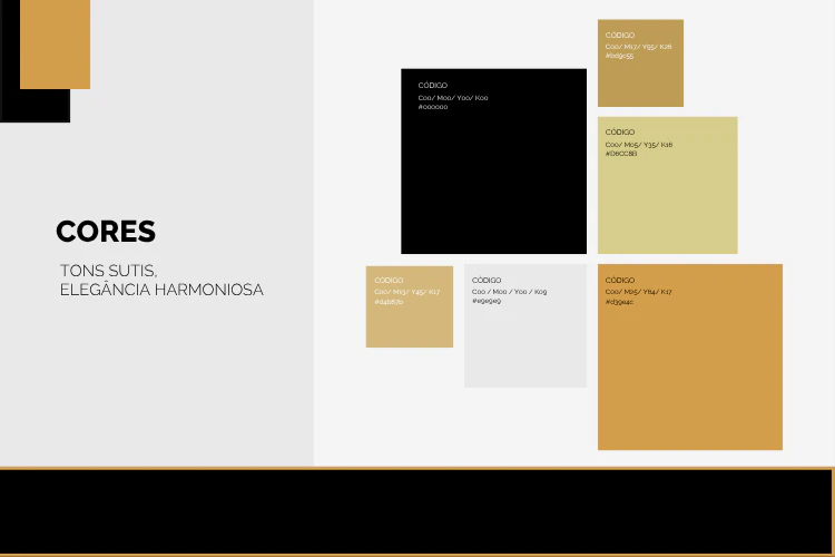 Painel de cores institucional da Belíssima em tons de dourado, bege e preto, com códigos hexadecimais.