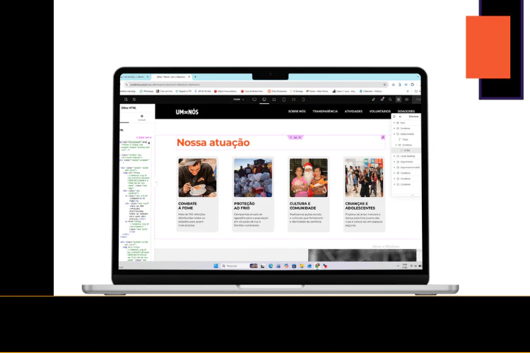 Interface do editor Elementor no WordPress mostrando a estrutura de blocos e otimização desktop do site.