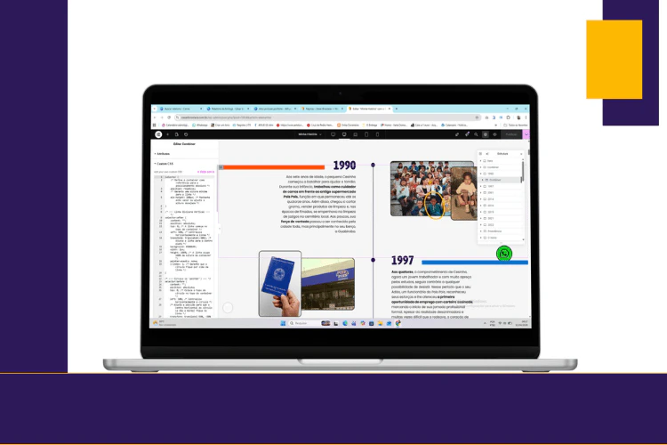 Mockup de laptop mostrando o desenvolvimento técnico da linha do tempo no WordPress/Elementor para o site do Cesinha.
