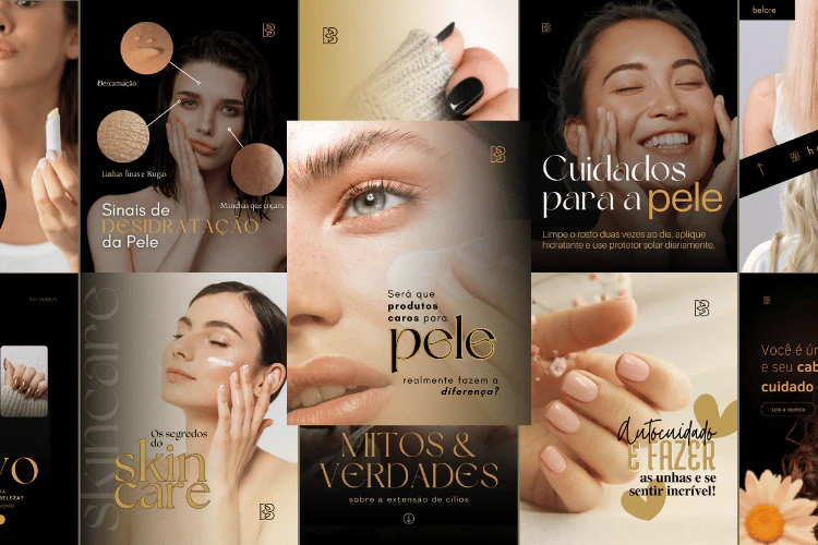 Grade de posts para Instagram da clínica Belíssima com foco em skincare e procedimentos estéticos.