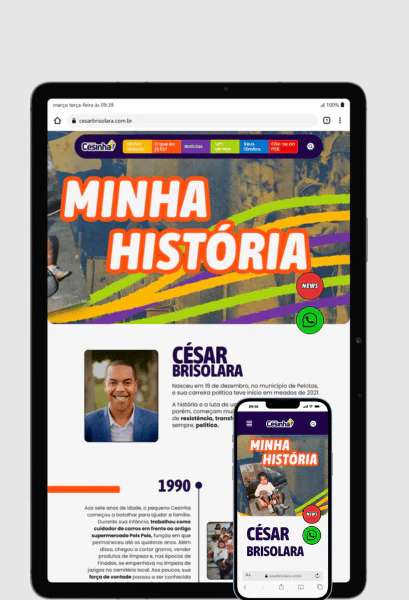 Demonstração da página "Minha História" em tablet e smartphone, comprovando a responsividade e o foco em mobile-first.