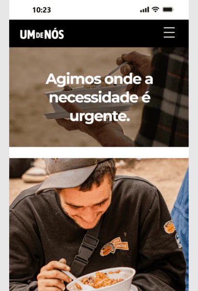 Captura de tela de interface mobile em smartphone com imagem de impacto e texto de apoio "Agimos onde a necessidade é urgente".