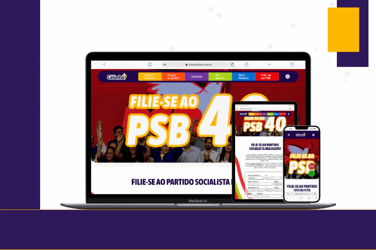 Mockup responsivo da página de filiação partidária ao PSB 40, com foco em usabilidade e formulário.