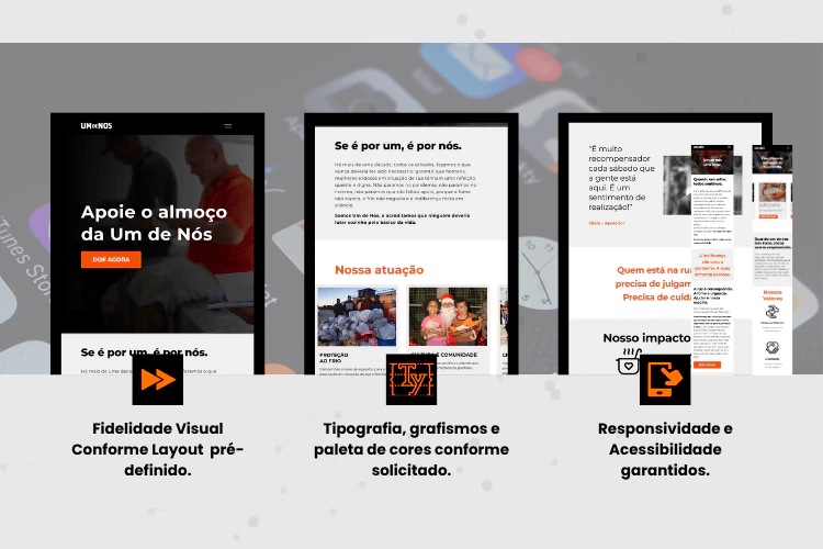 Painel demonstrativo de fidelidade visual, tipografia e responsividade garantida para o site da ONG Um de Nós.