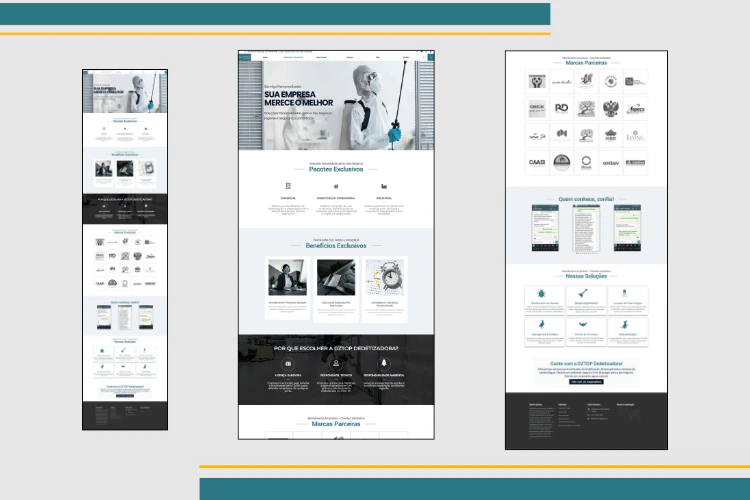 Visão completa da home e landing pages B2B do site DZTOP, demonstrando hierarquia visual e foco em conversão.