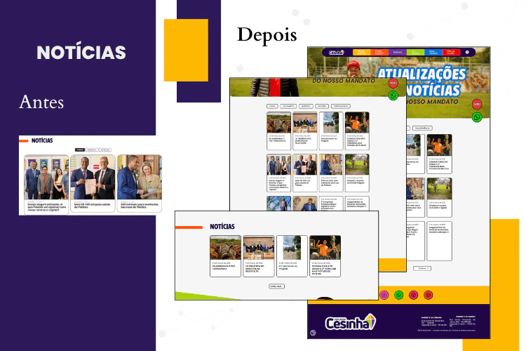 Antes e depois da seção de notícias, demonstrando a transição para um grid de cards moderno, legível e organizado.