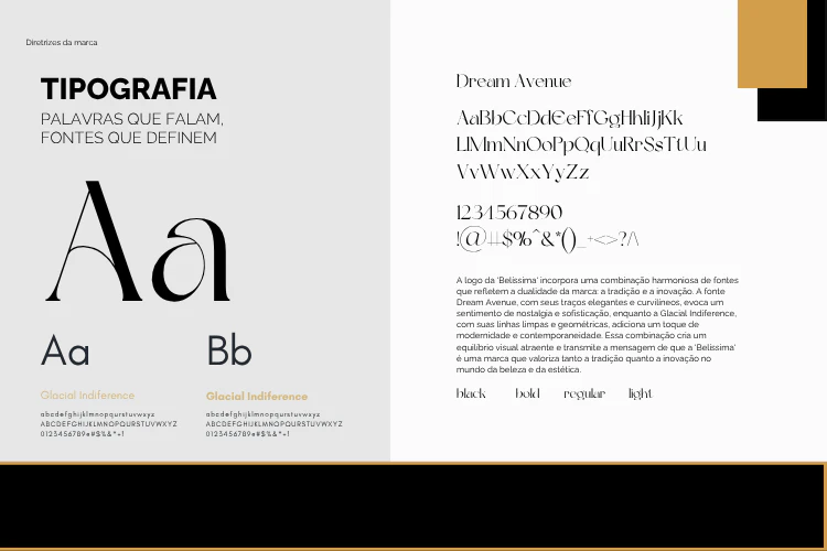 Guia de tipografia da marca Belíssima com as fontes Dream Avenue e Glacial Indifference, design por Lorena Palmeira.