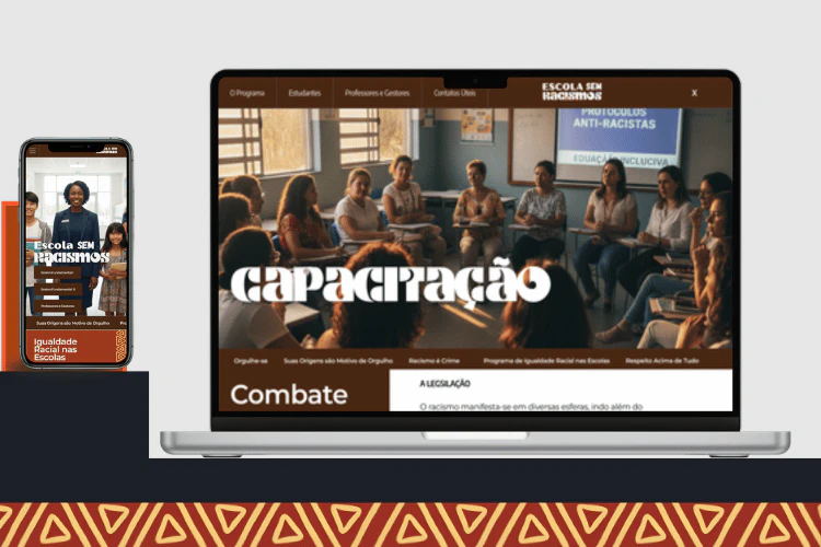 Mockups de laptop exibindo a Home e a seção de Capacitação do site Escola sem Racismos.