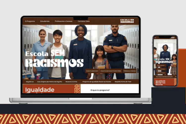 Mockups de laptop exibindo a Home e a seção de Capacitação do site Escola sem Racismos.