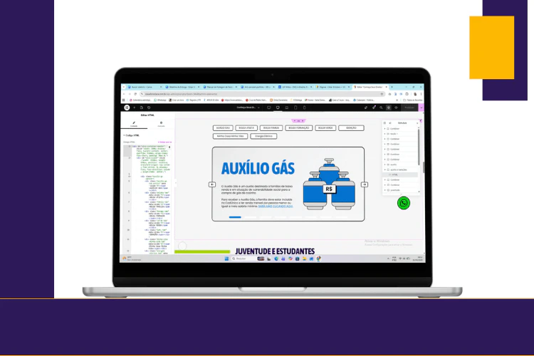 Mockup de laptop exibindo a seção interna de benefícios sociais (Auxílio Gás) com ícones e texto legível.