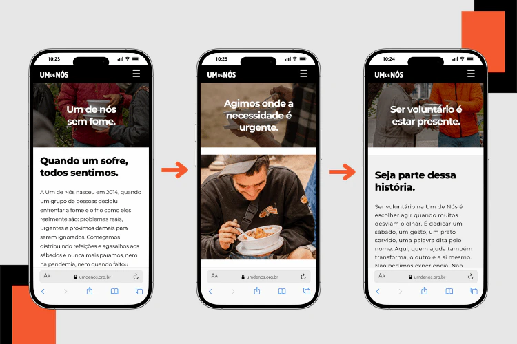 Sequência de telas mobile mostrando a narrativa da ONG, desde a urgência da fome até o convite ao voluntariado.