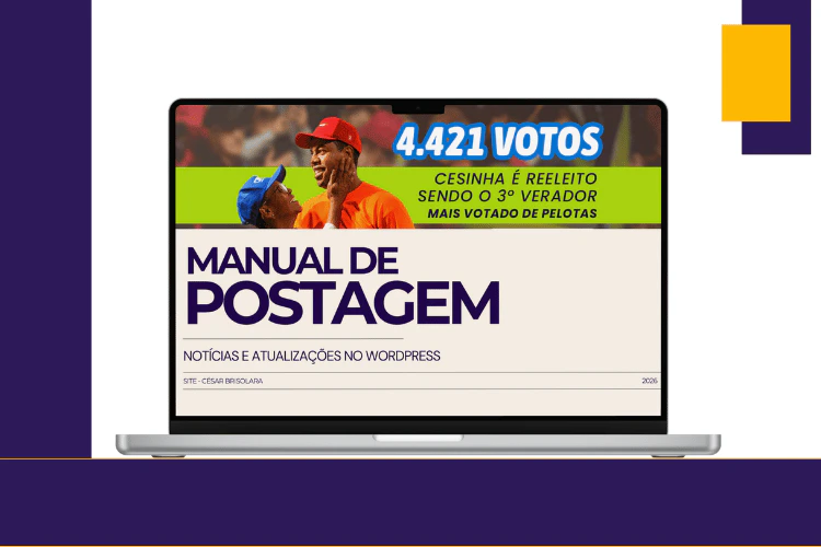 Mockup de laptop exibindo o "Manual de Postagem" criado para treinar a equipe do gabinete no WordPress.