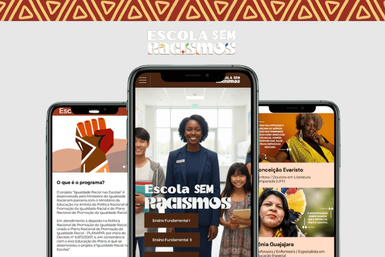 Conjunto de mockups de smartphones exibindo a seção de cartilhas e o conteúdo "O que é o programa?"