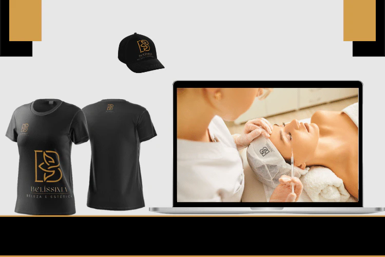Mockups de uniformes (camisetas e boné) e tela de laptop com a marca Belíssima Beleza e Estética.