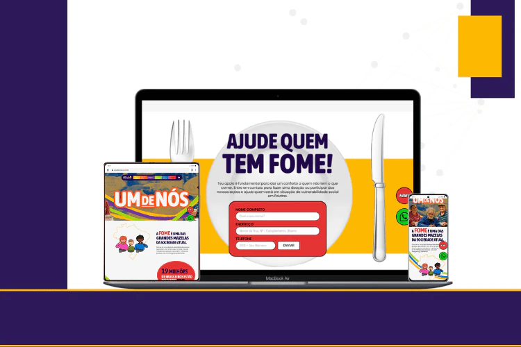 Mockup de landing page focada em conversão para o projeto social "Um de Nós", front-end por Lorena Palmeira.