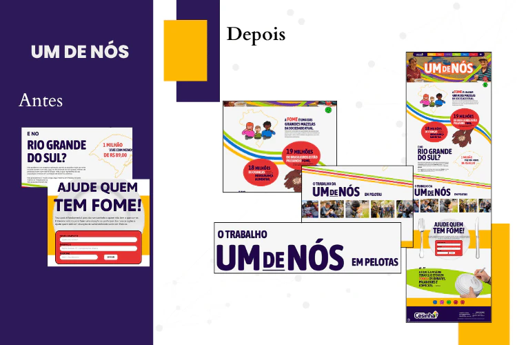 Comparativo da página do projeto "Um de Nós" em Pelotas: antes (estático) e depois (layout moderno e funcional)