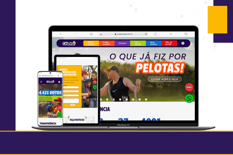 Mockup responsivo (laptop, tablet, celular) da página de realizações "O que já fiz por Pelotas".