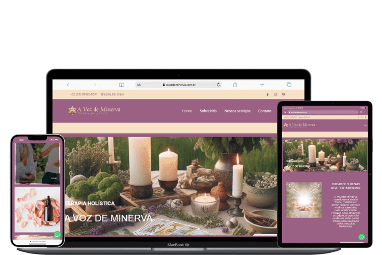 Mockup multi-dispositivo (laptop, tablet e celular) exibindo a consistência de marca e o blog do site A Voz de Minerva.