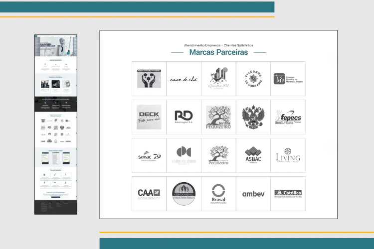 Grade de logos de marcas parceiras da DZTOP, como Ambev e Senac, em layout limpo e institucional.