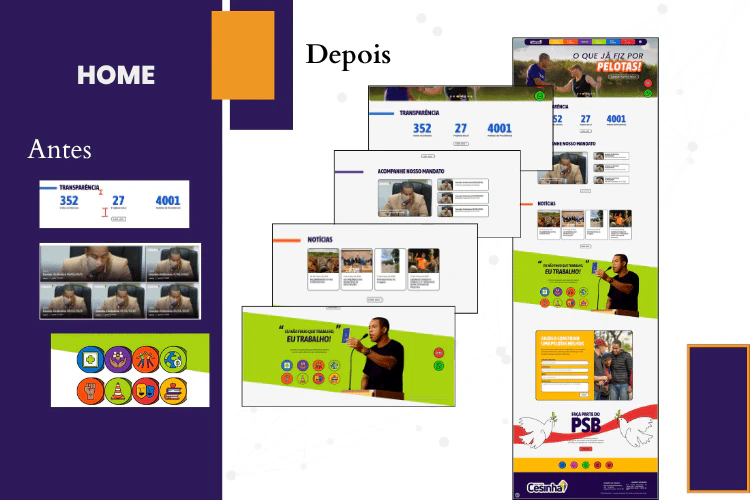 Comparativo antes e depois da Home Page do site do Cesinha, destacando a nova seção de transparência e resultados.