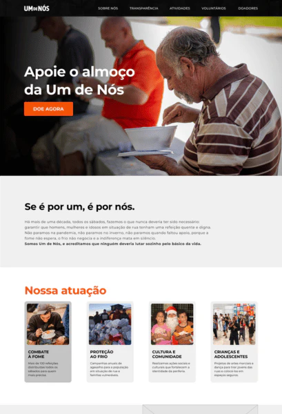 Protótipo de alta fidelidade no Figma da Home Page da ONG Um de Nós, com foco em hierarquia e cores institucionais.