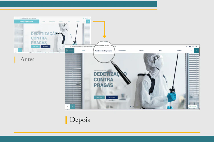 Comparativo de interface: site antigo vs novo site corporativo DZTOP com foco em atendimento empresarial.