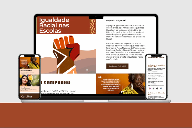 Conjunto de mockups de smartphones exibindo a seção de cartilhas e o conteúdo "O que é o programa?"