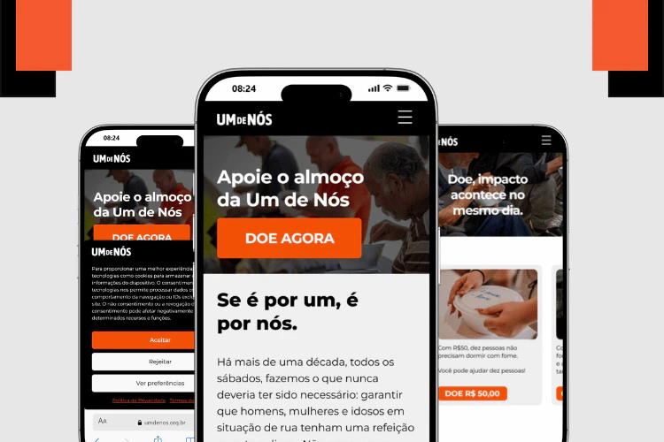 Mockups de iPhone mostrando o banner de cookies (LGPD) e o botão de doação em destaque no site mobile.