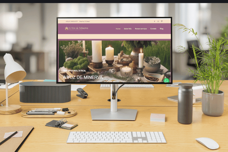 Monitor de desktop em mesa de trabalho exibindo a home page do site A Voz de Minerva com paleta de cores em tons de lavanda e bege.