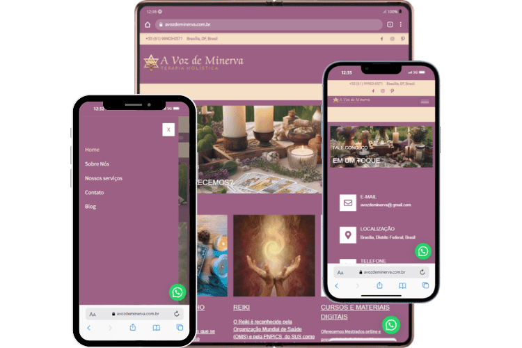 Interface mobile do site A Voz de Minerva exibindo menus intuitivos, formulários de contato e integração com WhatsApp.